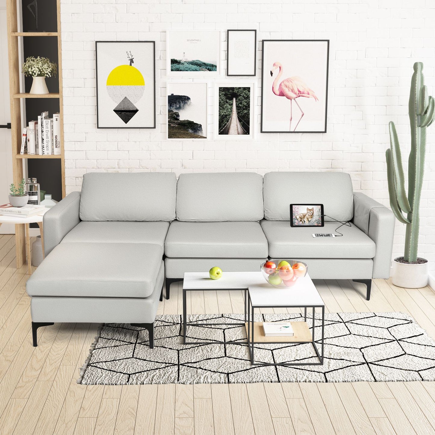 Stylish Modular L-Shaped Sofa with Reversible Ottoman & Convenient Built-In Socket