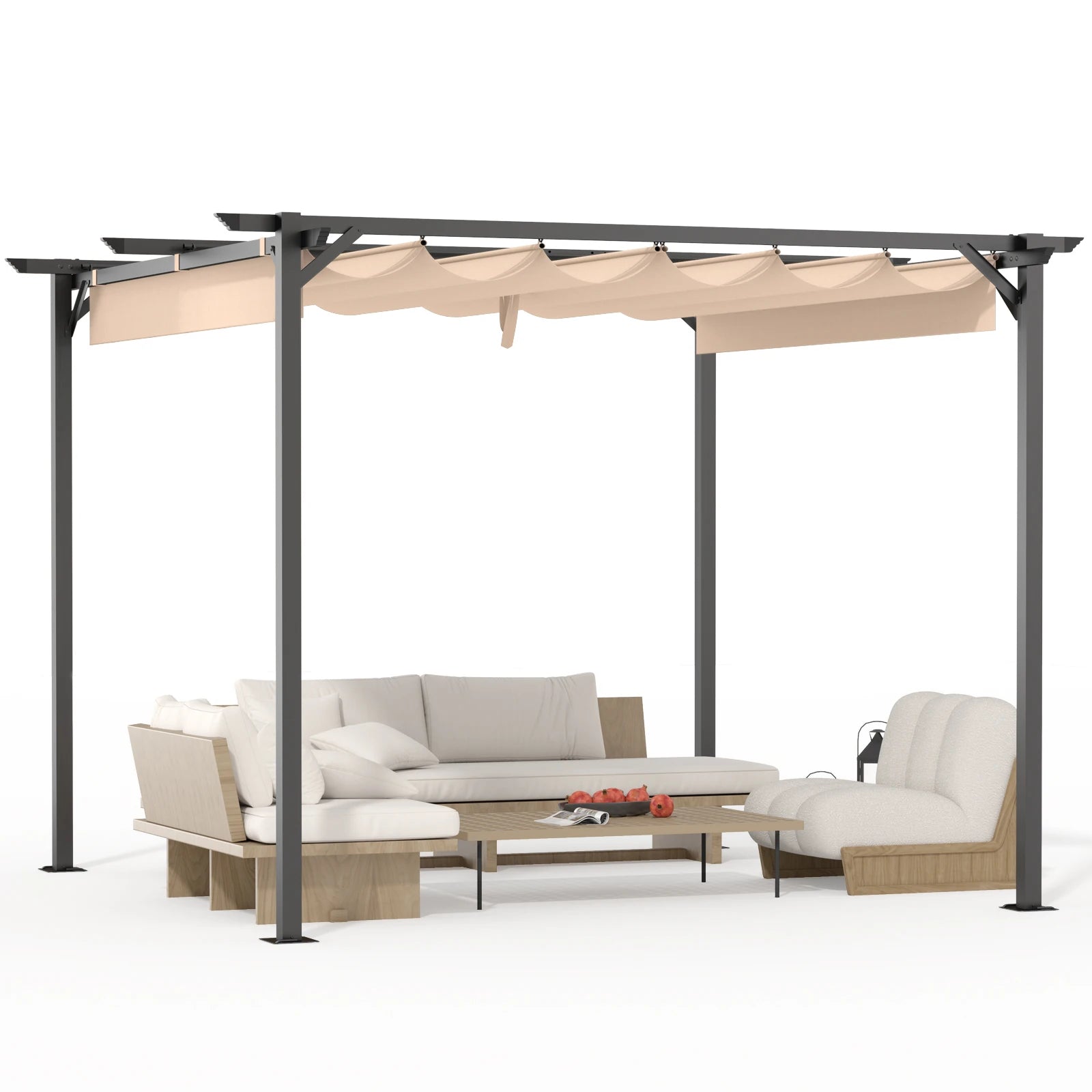 Metal Pergola 10FT Parasol Retractable Roof Water-Resistant and SPF15 PU Coated Canopy 