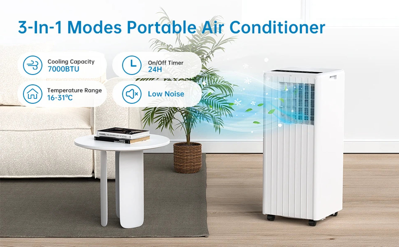 Air Conditioners 7000BTU 3 In1 Portable Air Conditioner Dehumidifier 42L/Day Cooler Fan with 2 Speeds Digital Display & Remote C