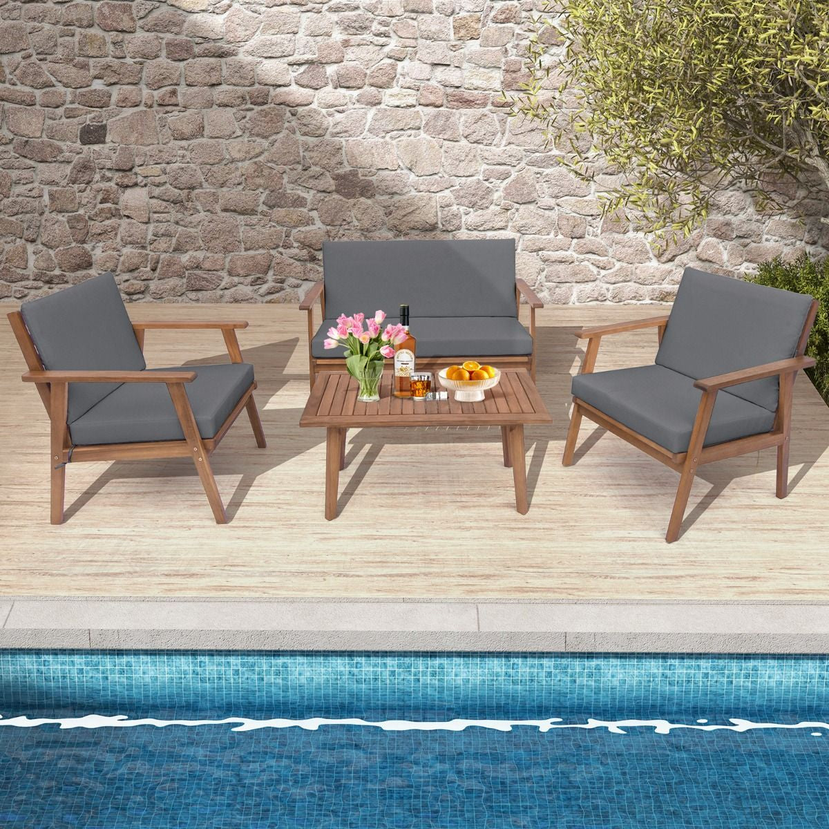 4 Piece Outdoor Conversation Set with Soft Seat and Back Cushions