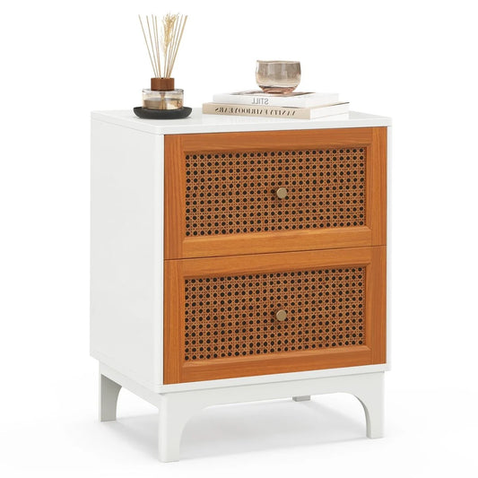 Boho Accent Table with 2 Handwoven Rattan Decorated Drawers