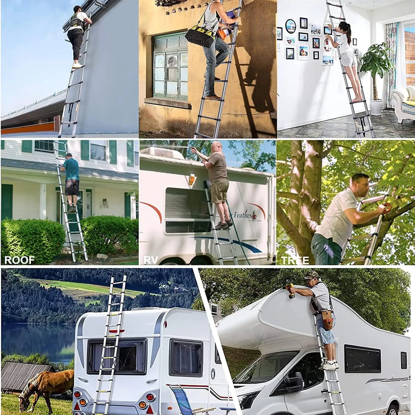 4.4M/14.4FT Telescopic Muilti-Purpose Foldable Stainless Steel Ladder with Hooks 14 Steps