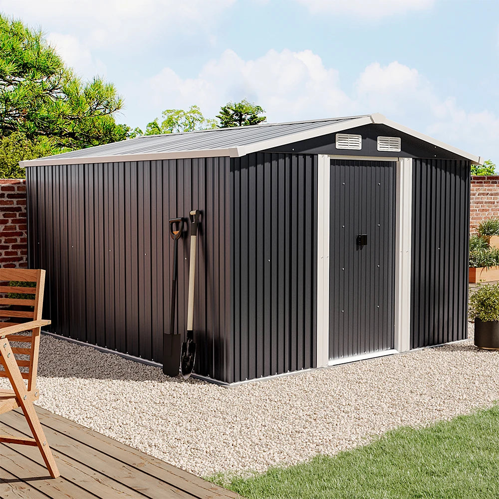 【】10 X 8 FT Black Outdoor Storage Shed, Metal Large Shed Garden with Air Vent, 2 Slide Door
