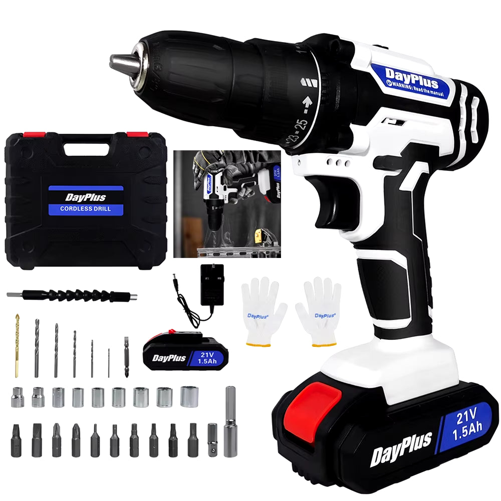 Powerful 21V Cordless Impact Drill Set - 25+1 Torque Settings, 1500mAh Rechargeable Battery, 45N.M Torque