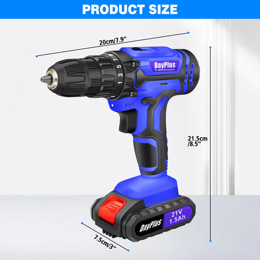 Powerful 21V Cordless Drill Driver - 1400RPM, 45Nm Torque, 2 Speed Settings, 25+1 Torque Levels, Includes 1500mAh Battery & Accessories