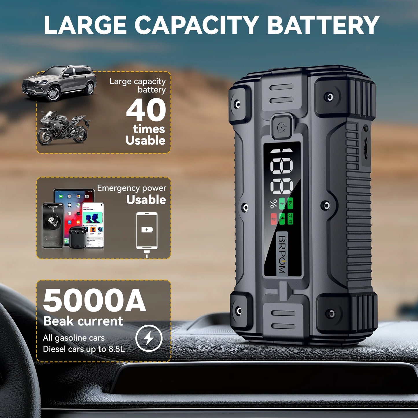 Car Jump Starter 5000A Peak 26800Mah 12V Auto Supercharger Battery Charger Jumper Box with LED Screen