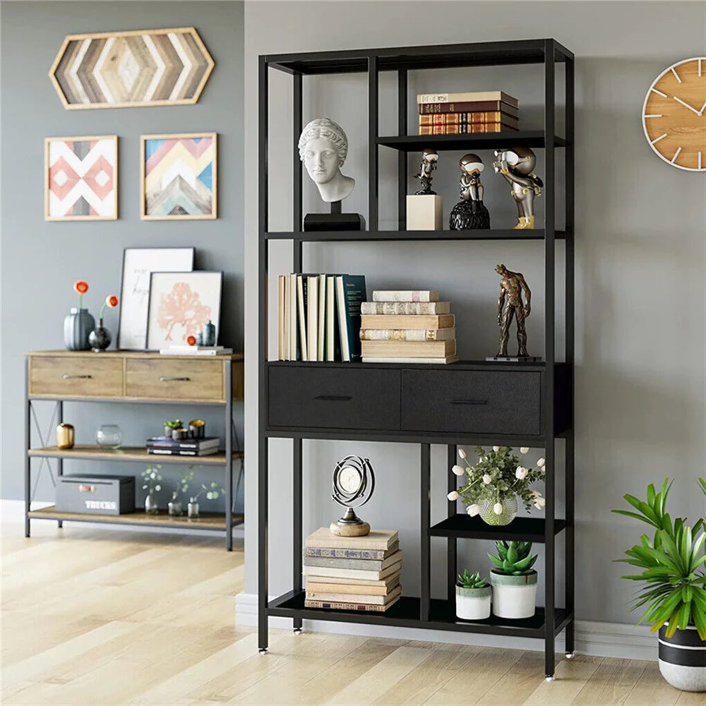 Extra Large Vintage Industrial Bookcase with Cabinet & Drawer - Stylish Tall Metal Display Unit for Kitchen & Open Storage
