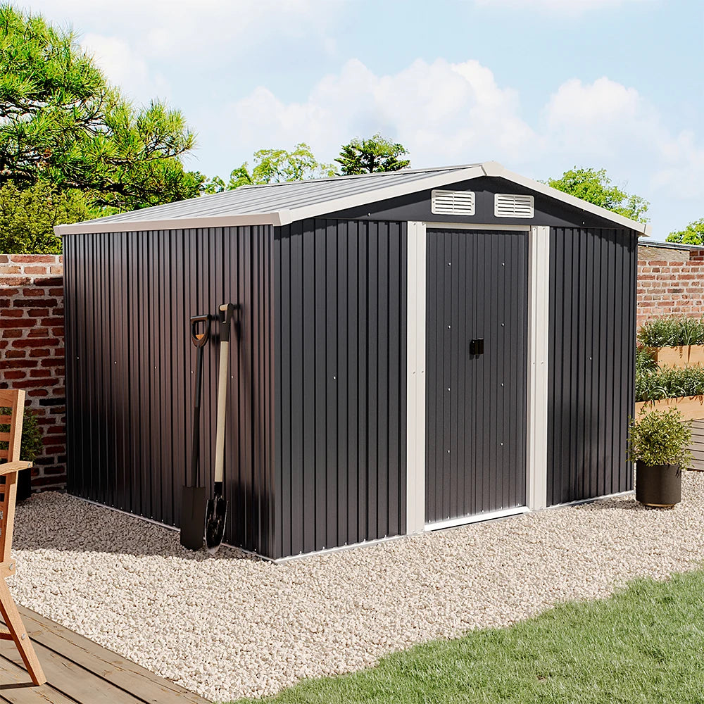 6 X 8 FT Black Outdoor Storage Shed, Metal Large Shed Garden with Air Vent, 2 Slide Door