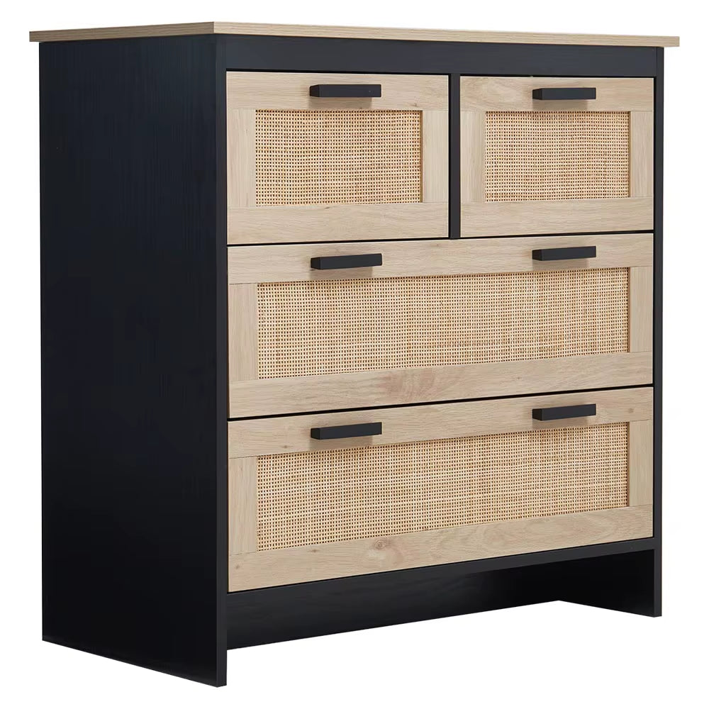 Beige Wooden Storage Cabinet with Rattan Drawer Console Table
