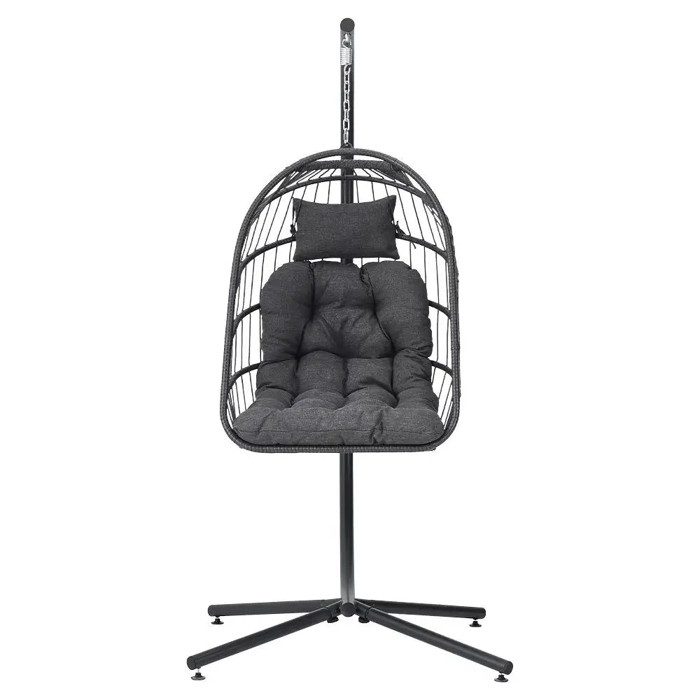 Hanging Egg Shaped Rattan Swing Chair with Stand and Cushion