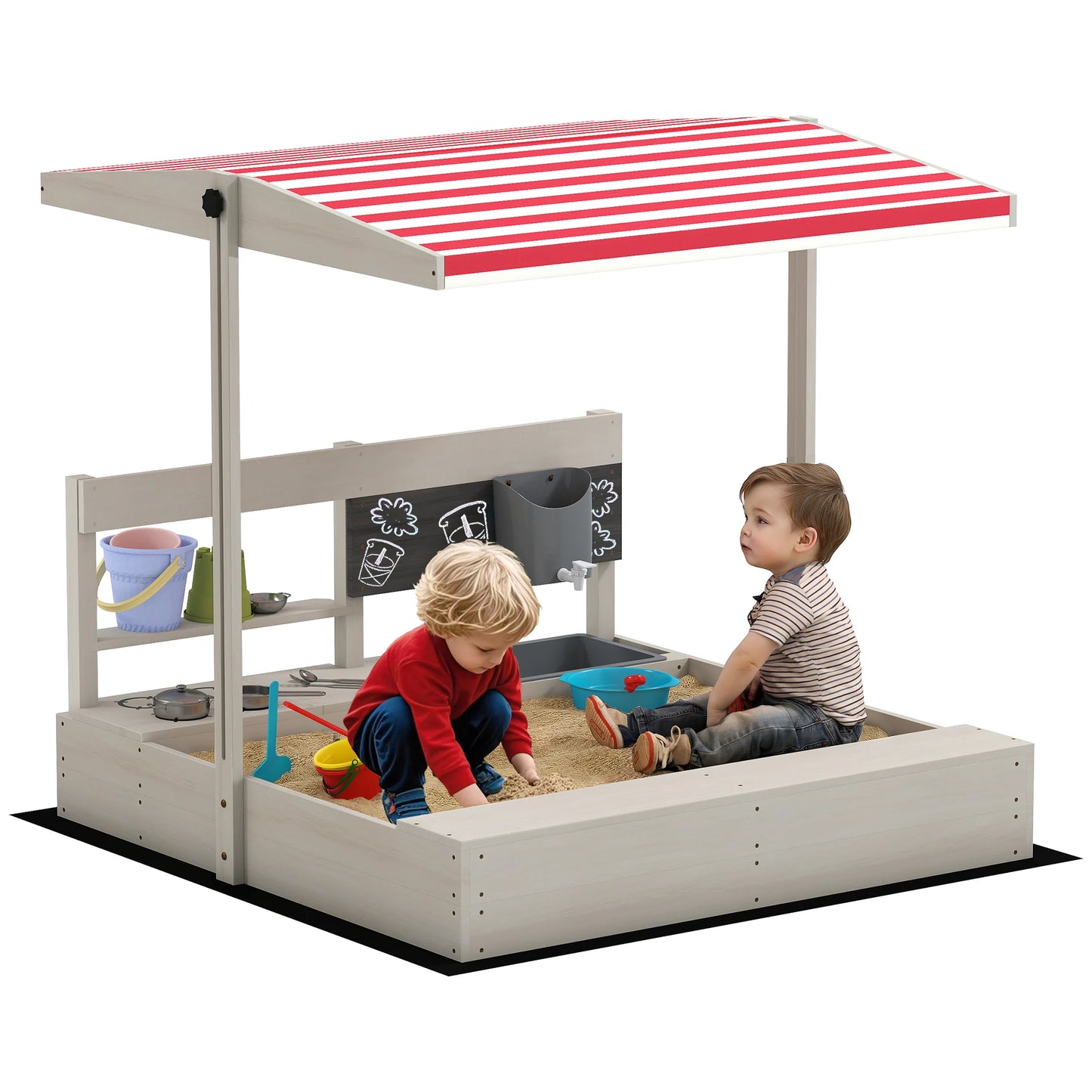 Deluxe Outsunny Wooden Sandbox for Kids with Canopy, Kitchen Accessories, Seating, and Storage - Perfect for Outdoor Fun!