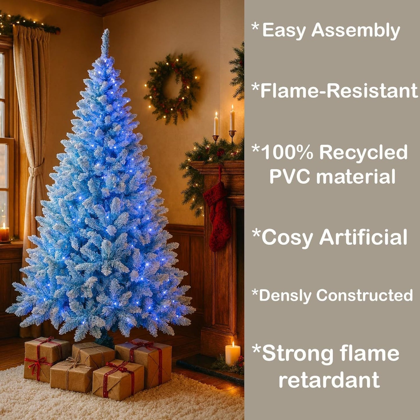 4Ft-8Ft Christmas Tree Prelit Flocked Blue LED Lights Multifunction, Snow Dusted Artificial Pine Foldable Metal Stand Tips Hinged Branches