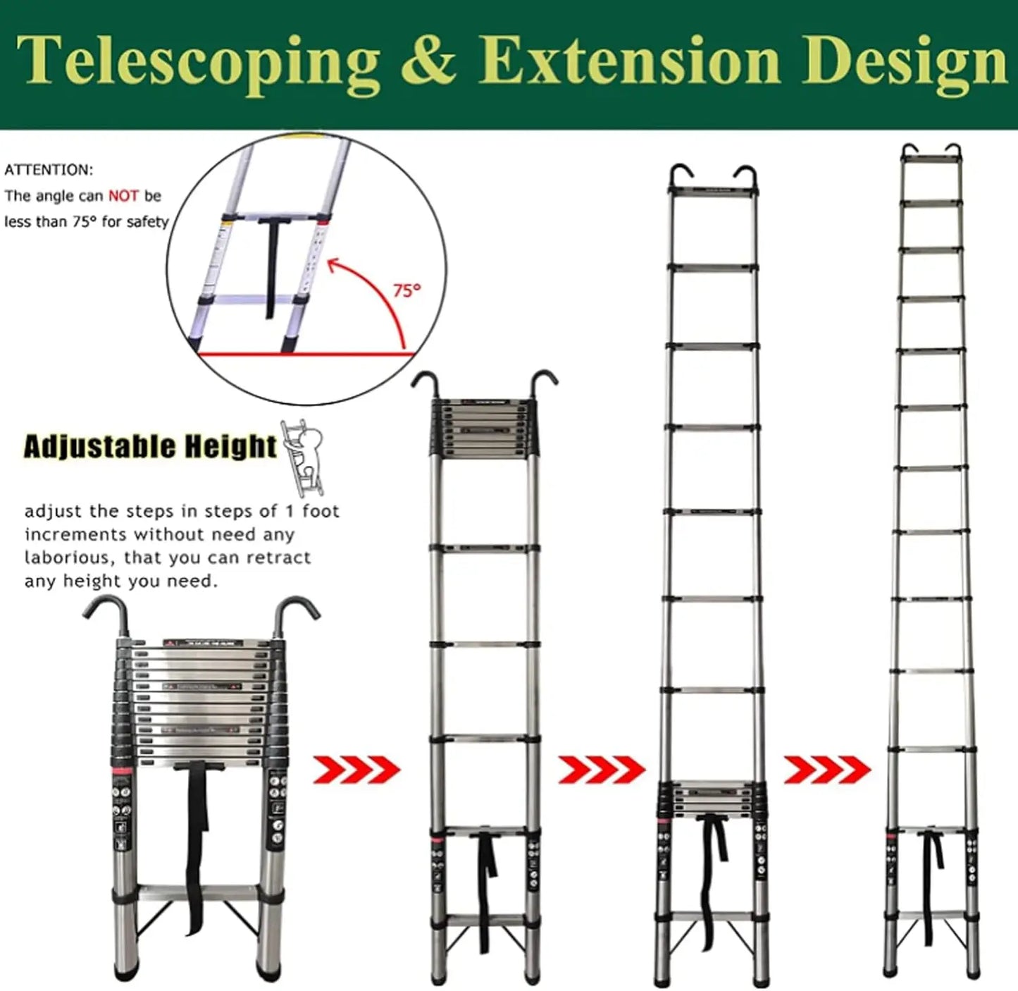 4.4M/14.4FT Telescopic Muilti-Purpose Foldable Stainless Steel Ladder with Hooks 14 Steps