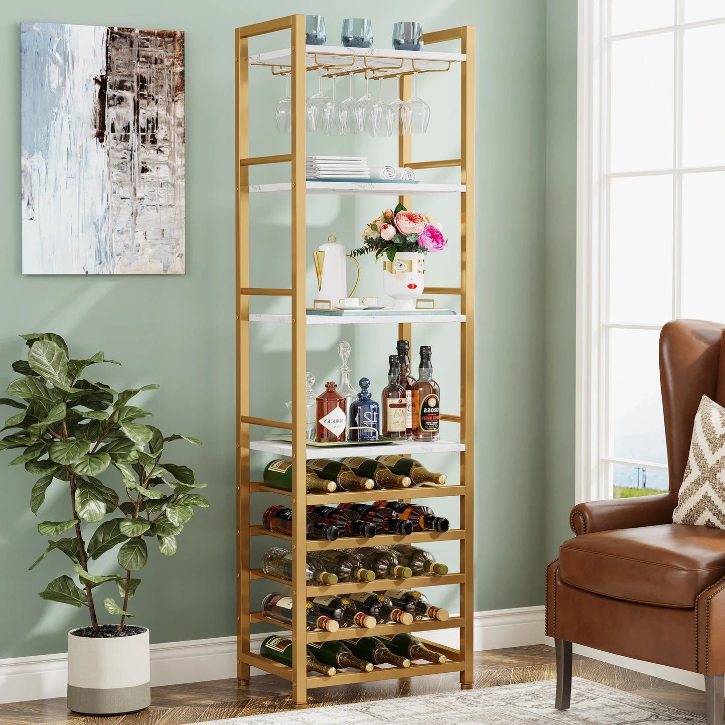 20 Bottle Wine Bakers Rack, 9 Tier Freestanding Wine Rack with Glass Holder and Storage Shelves