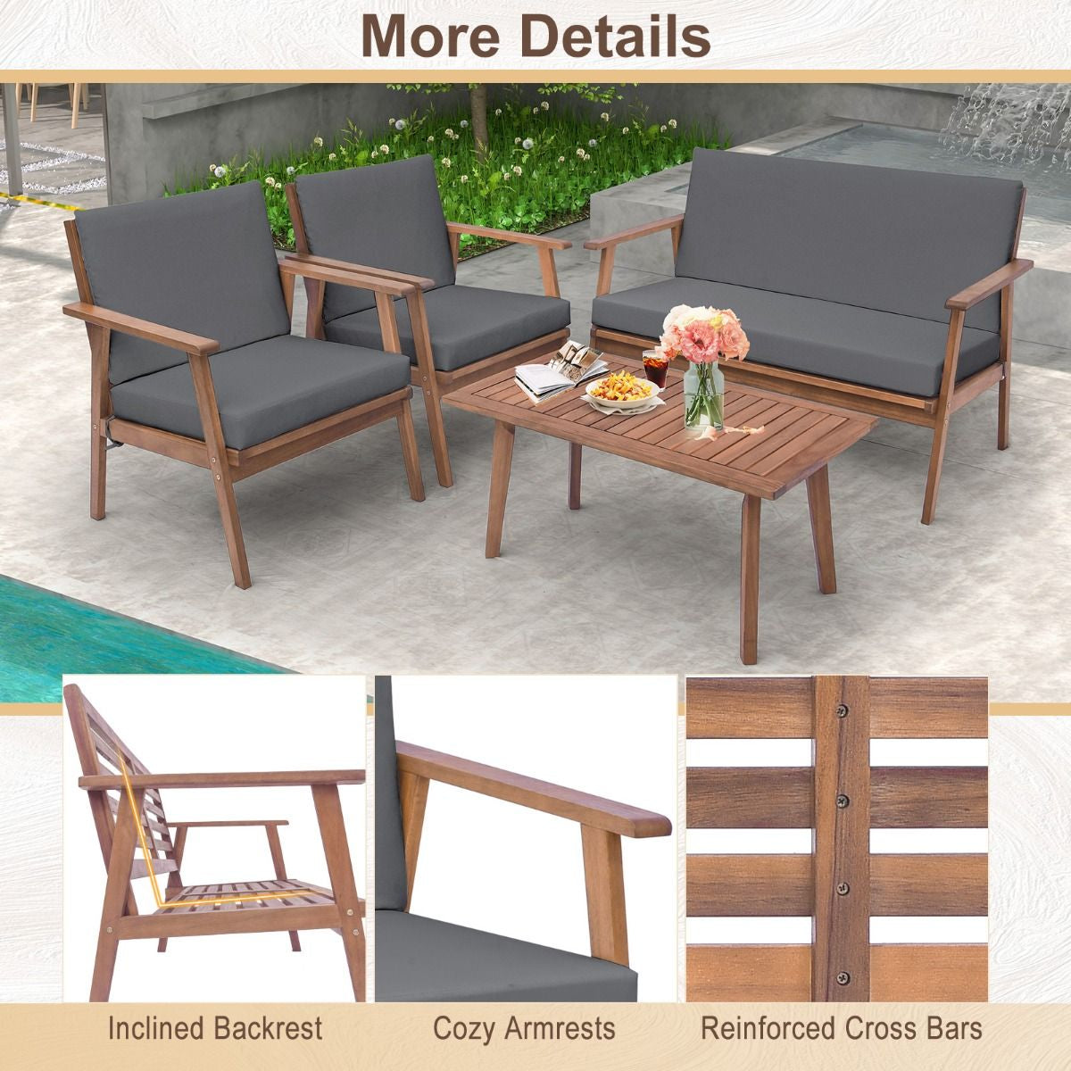 4 Piece Outdoor Conversation Set with Soft Seat and Back Cushions