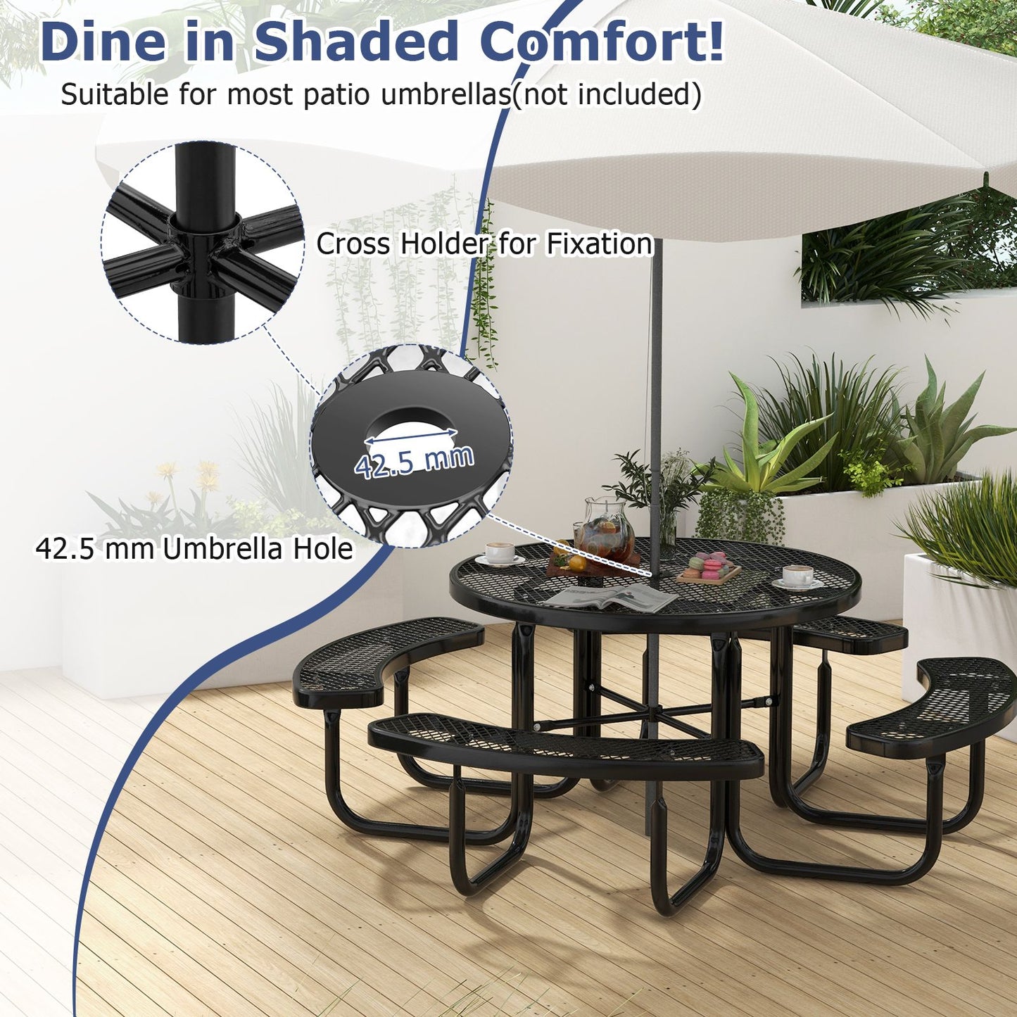 Outdoor round Picnic Table and Bench Set for 8 with Seats and Umbrella Hole