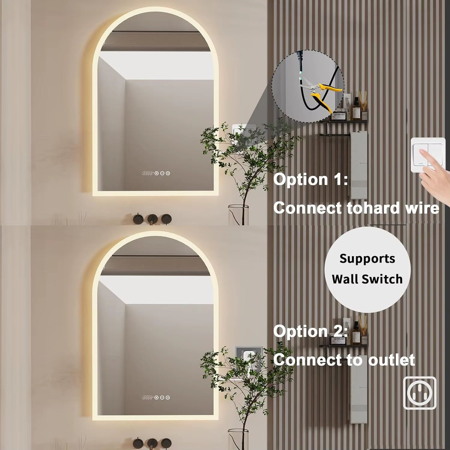 Illuminate Your Space: 36" x 24" Arched Dimmable Backlit Smart LED Bathroom Mirror with Anti-Fog, Time & Temperature Display, and CRI 95
