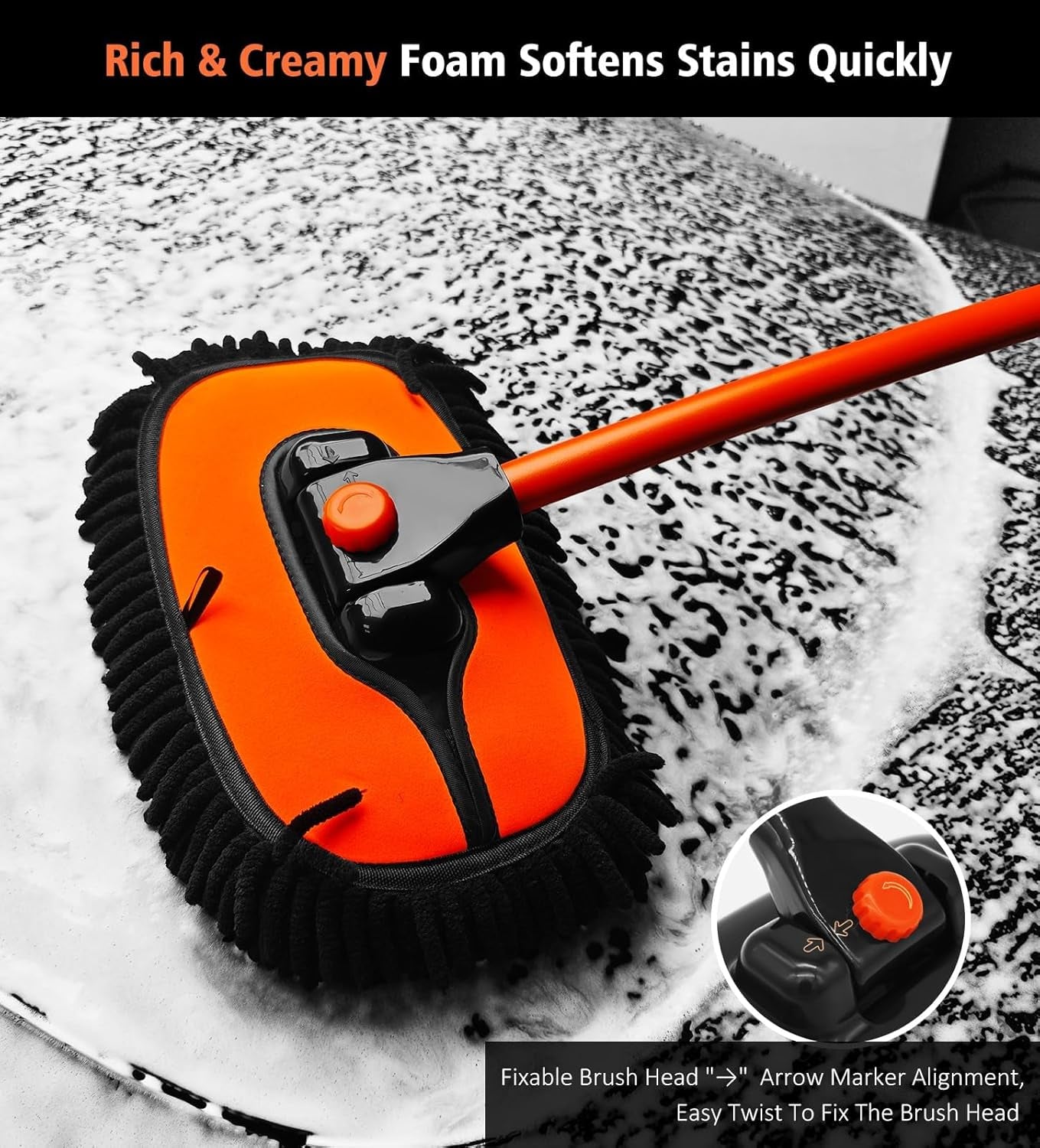 55" Extendable Car Wash Brush Mop with Microfiber Head - Perfect for Trucks & SUVs, Includes Storage Bag - Soft & Effective Cleaning Tool in Orange
