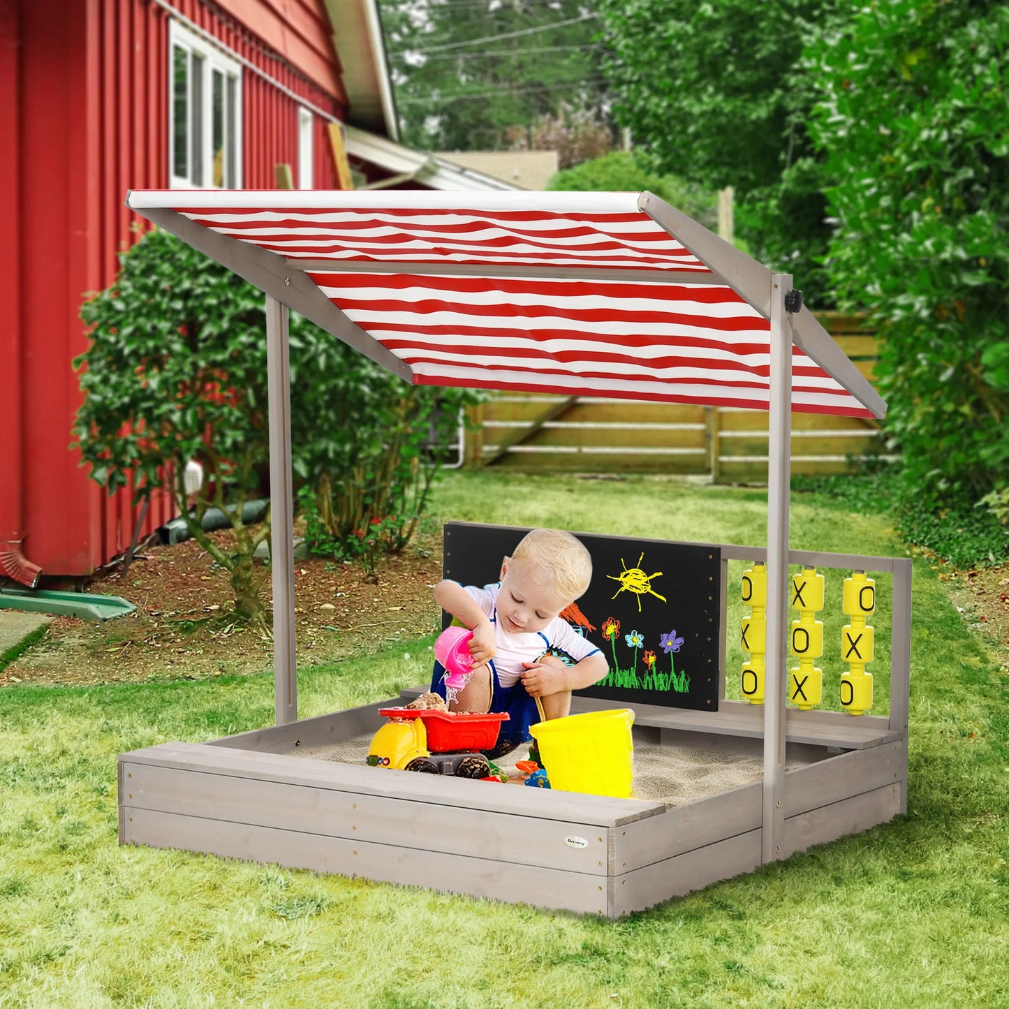 Outsunny Grey Wooden Sandbox for Kids with Canopy and Seating - Perfect for Garden Fun!