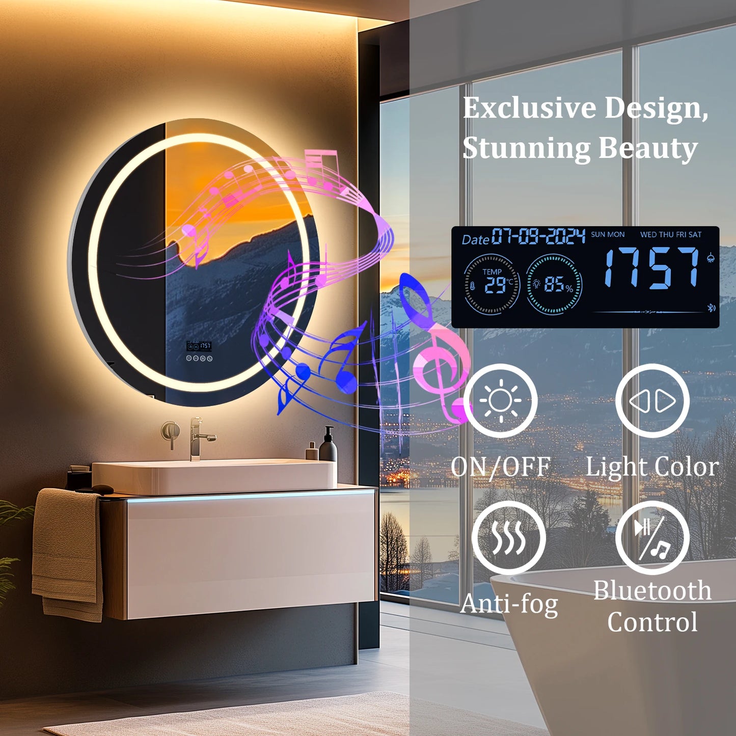 32" x 32" Wall-Mounted LED Bathroom Mirror with Dimmable 3-Color Lighting, Bluetooth Speaker, Anti-Fog Feature, and Memory Function