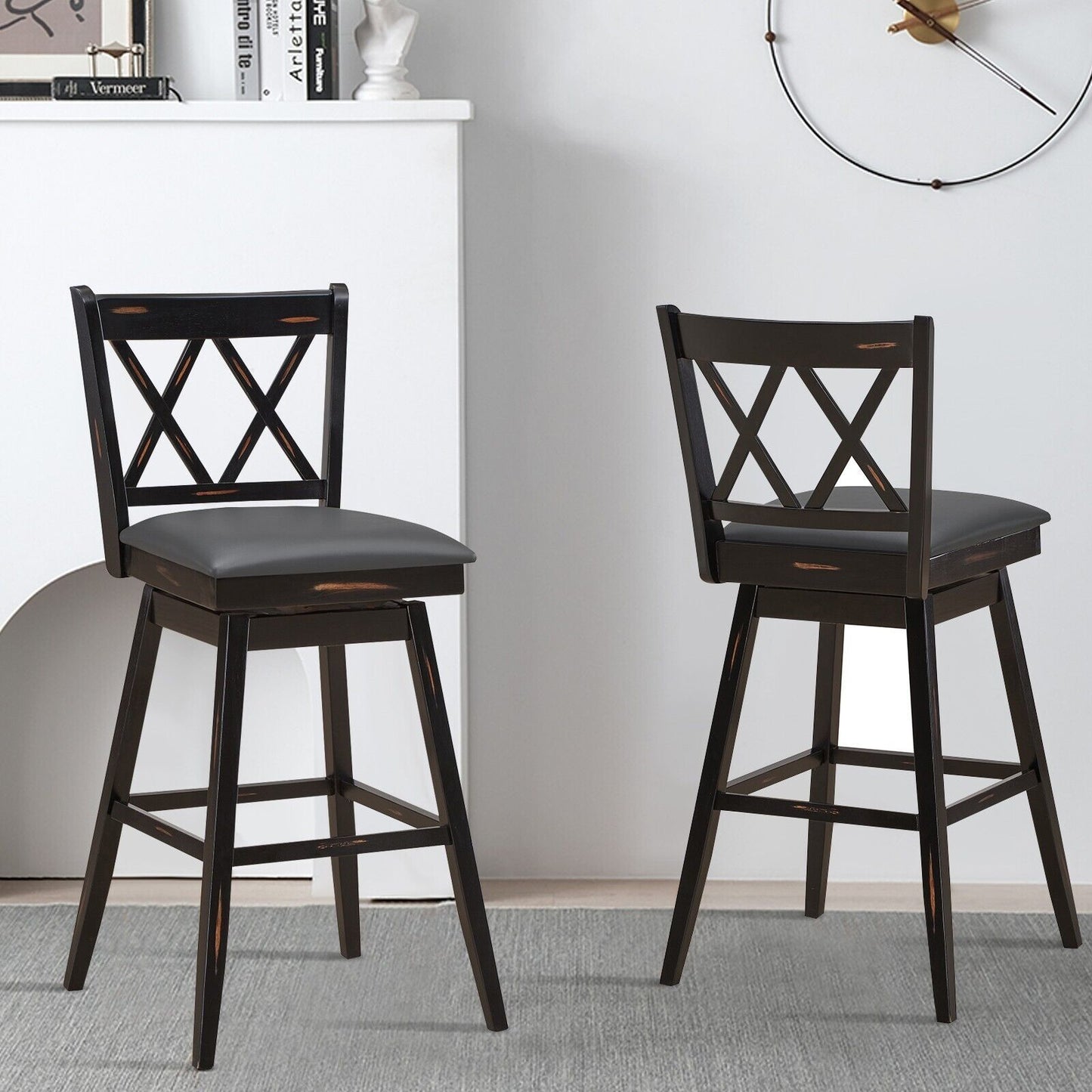Set of 2 Counter Height Bar Stool with Foot Rest Upholstered Cushion