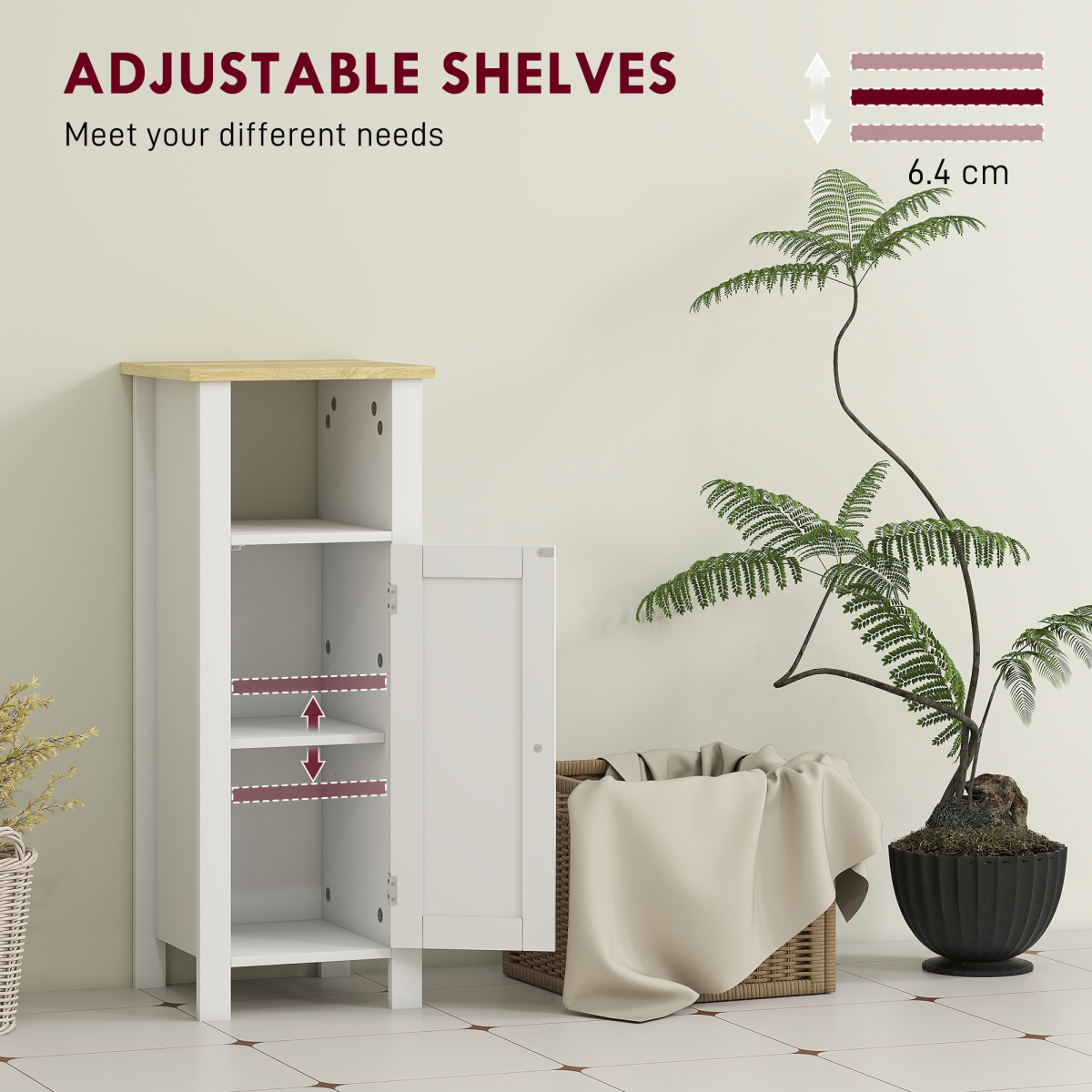 Sleek White Narrow Bathroom Storage Cabinet with Open Shelf & Two-Tier Cupboard