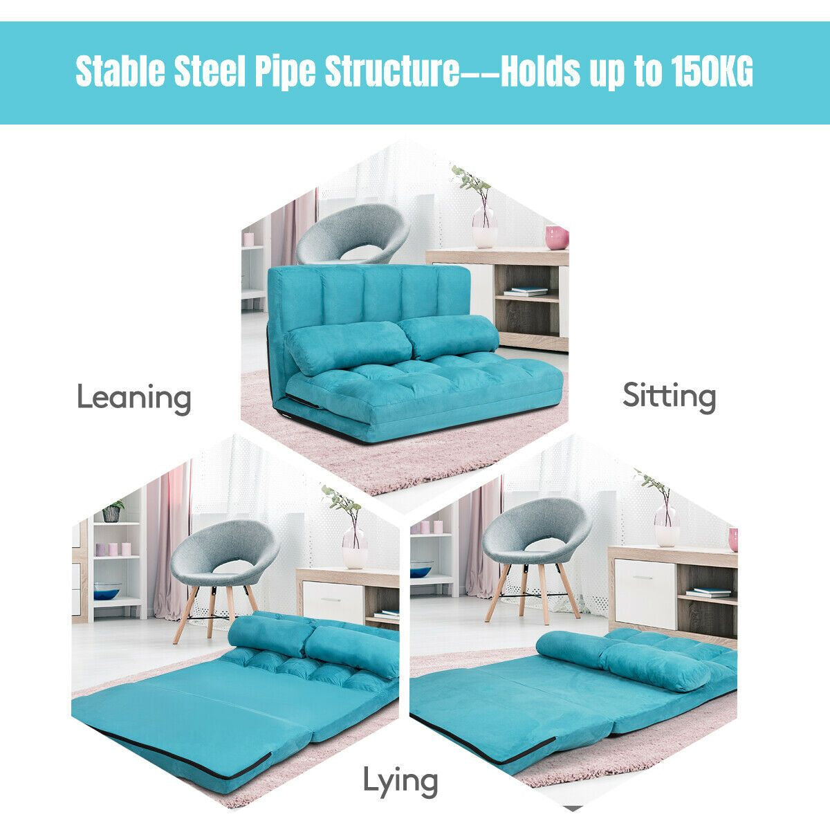 2 in 1 Folding Floor Lazy Sofa Bed with 6 Adjustable Seat Positions and 2 Pillows