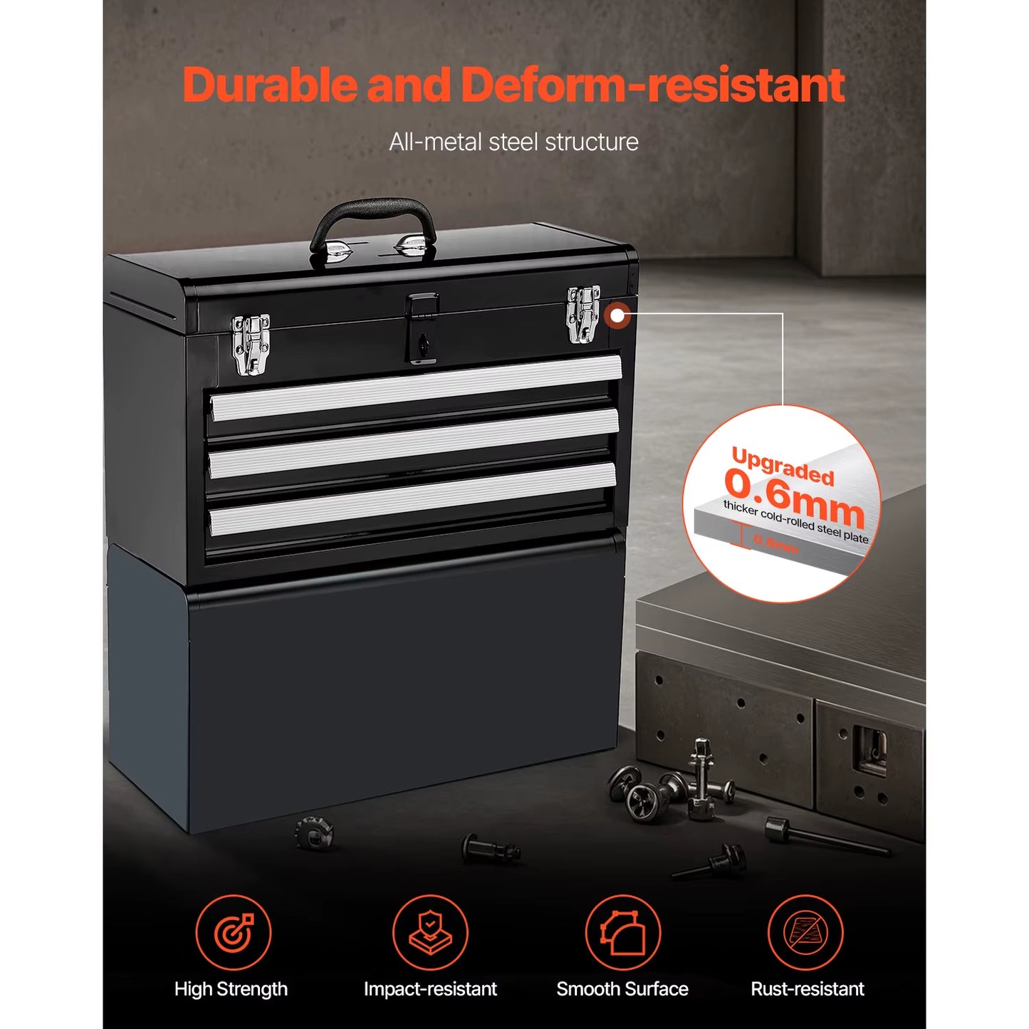20In 3-Drawer Metal Tool Box Black/Red Tool Chest with EVA Liners Multifunction Tool Organizer for Garage & Workshop