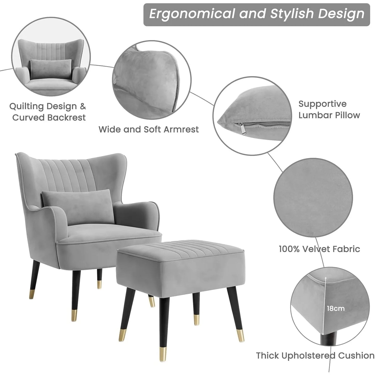 Luxurious Velvet Wingback Accent Chair Set with Ottoman & Lumbar Pillow - Perfect for Your Living Room!
