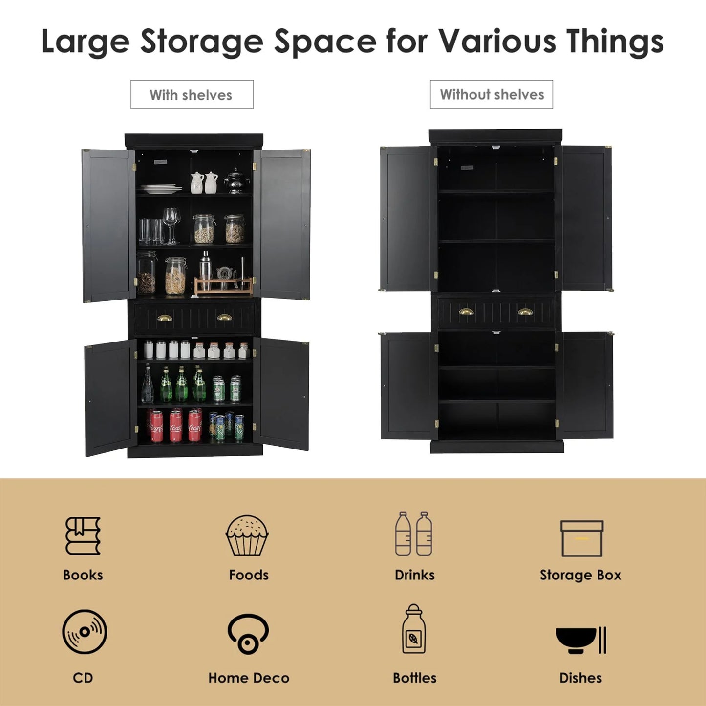 4-Door Tall Kitchen Cupboard Adjustable Shelves and Drawer