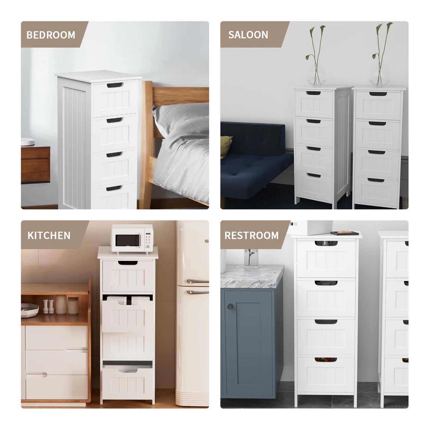 Sleek White Wooden Bathroom Storage Cabinet with 4 Drawers - Stylish Free-Standing Design (30 x 30 x 82 cm)