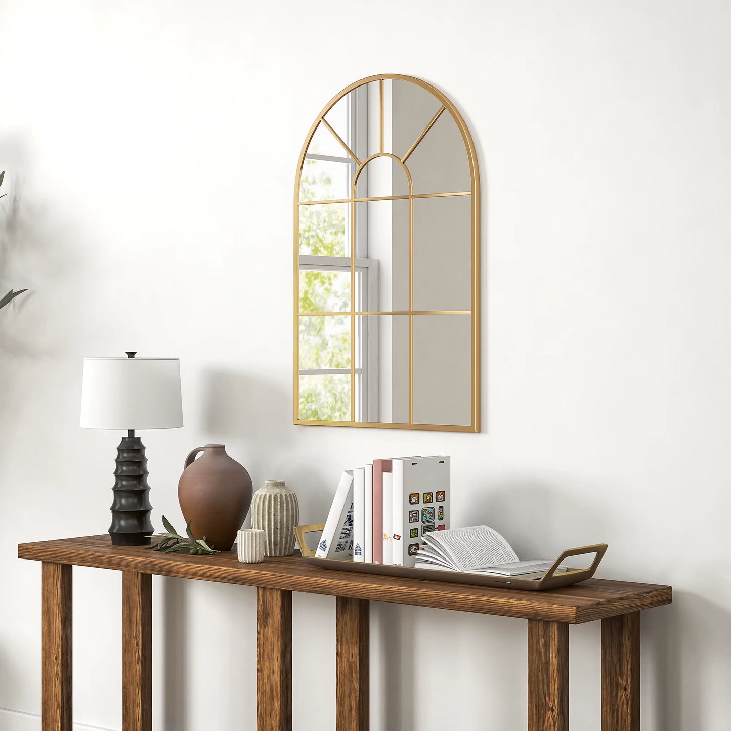 Modern Arched Window Wall Mirror for Bedroom, 91X60Cm, Gold Tone