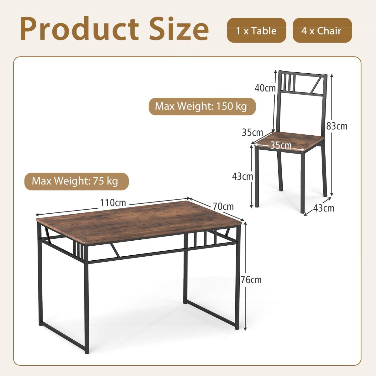 Stylish Industrial Kitchen Table Set with 4 Chairs - Wood-Look Top & Sturdy Metal Frame