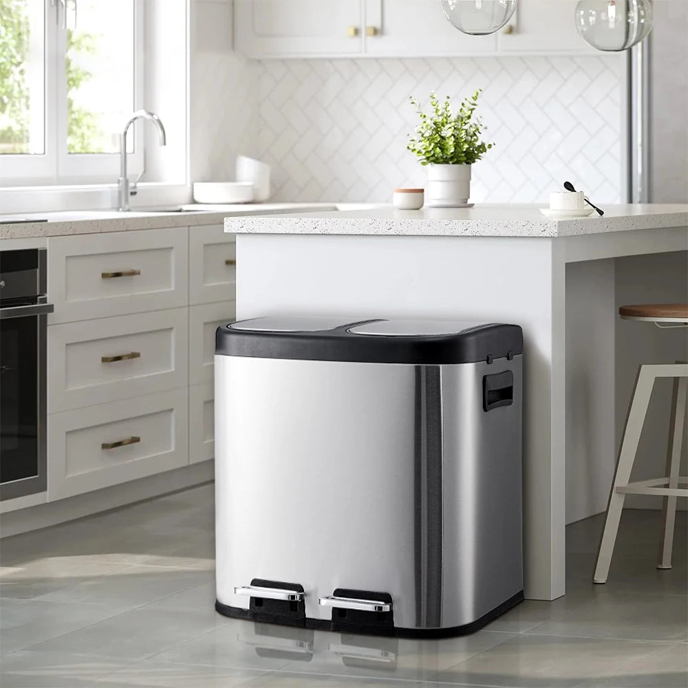 30L Stainless Steel Step Open Trash Can with Dual Pedals Large Capacity