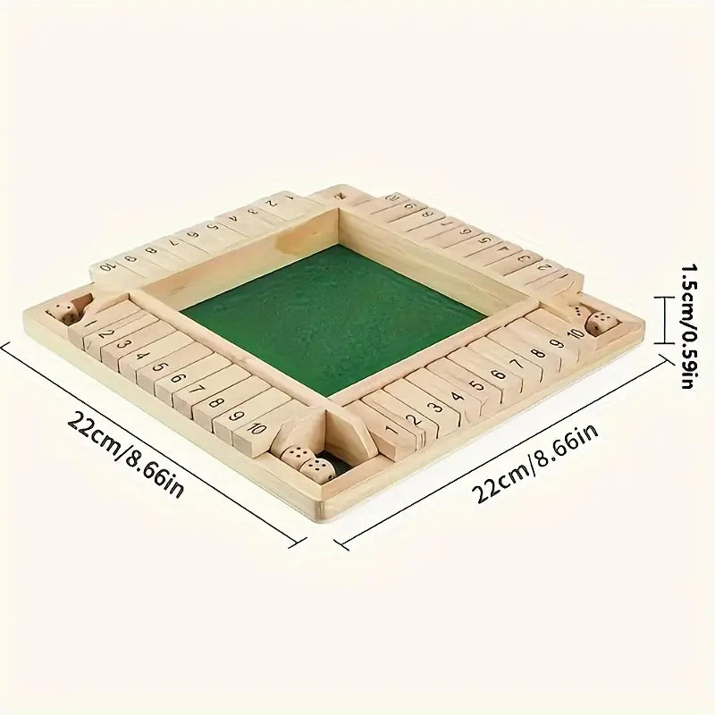 Classic 4-Sided Wooden Shut-The-Box Game with Dice - Timeless Tabletop Fun for Family and Friends