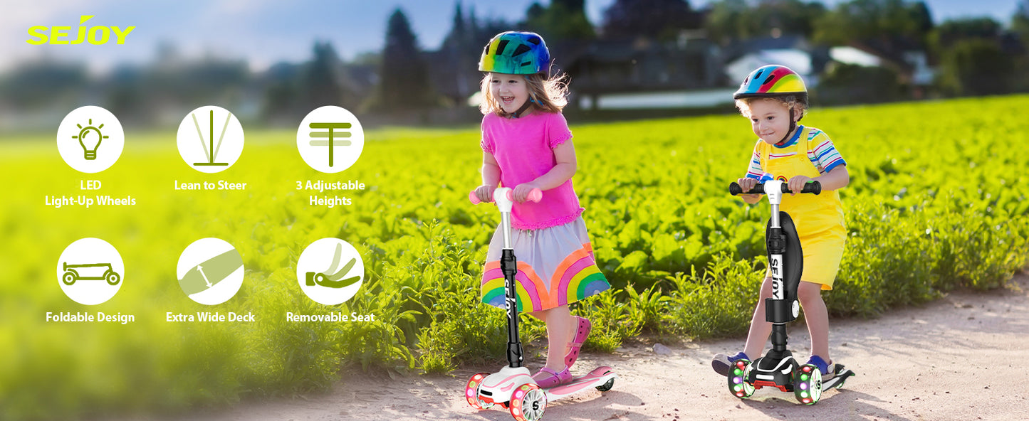 Sejoy Baby Scooter with LED Wheels Adjustable Height, Foldable Design & Dual Modes 2-8 Years