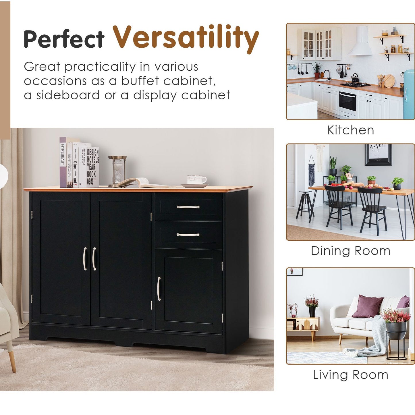 Modern Kitchen Storage Sideboard Cabinet with Adjustable Shelf and Drawers