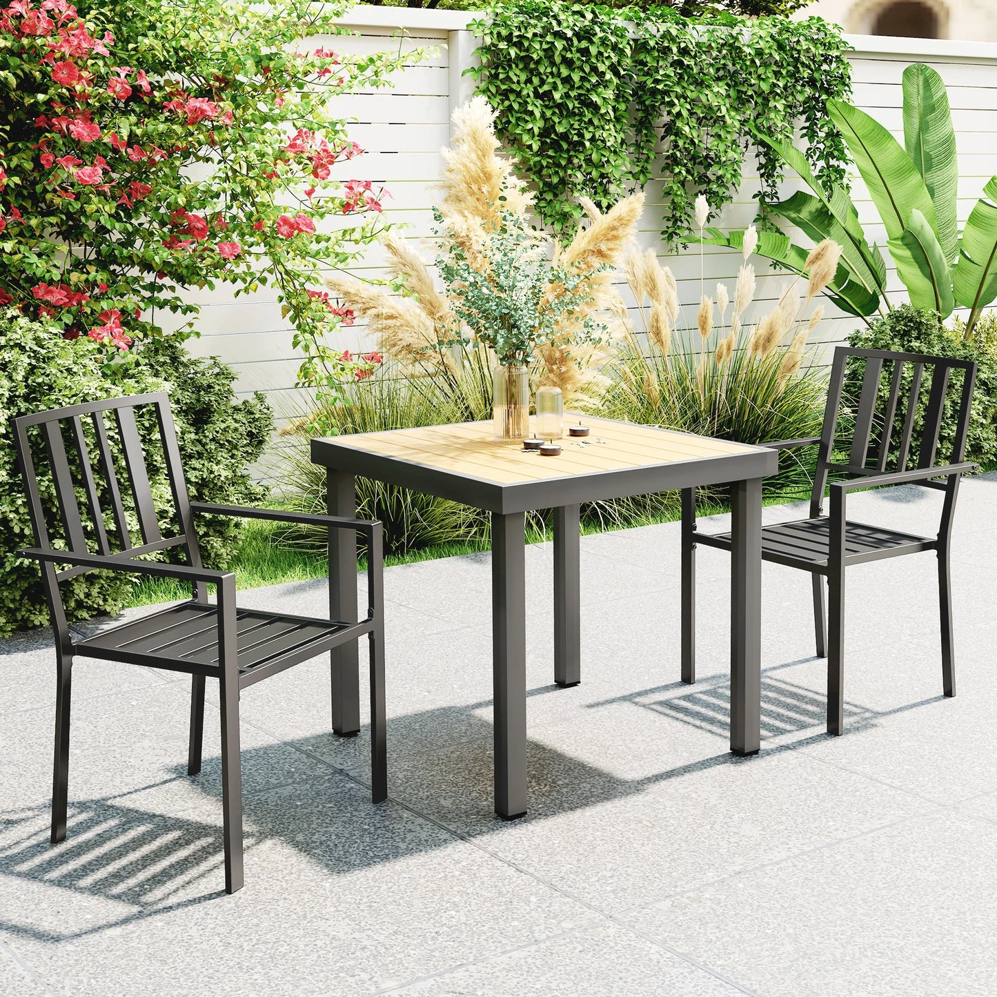 Set of 2 Stackable Outdoor Garden Chairs with Metal Slatted Design in Black