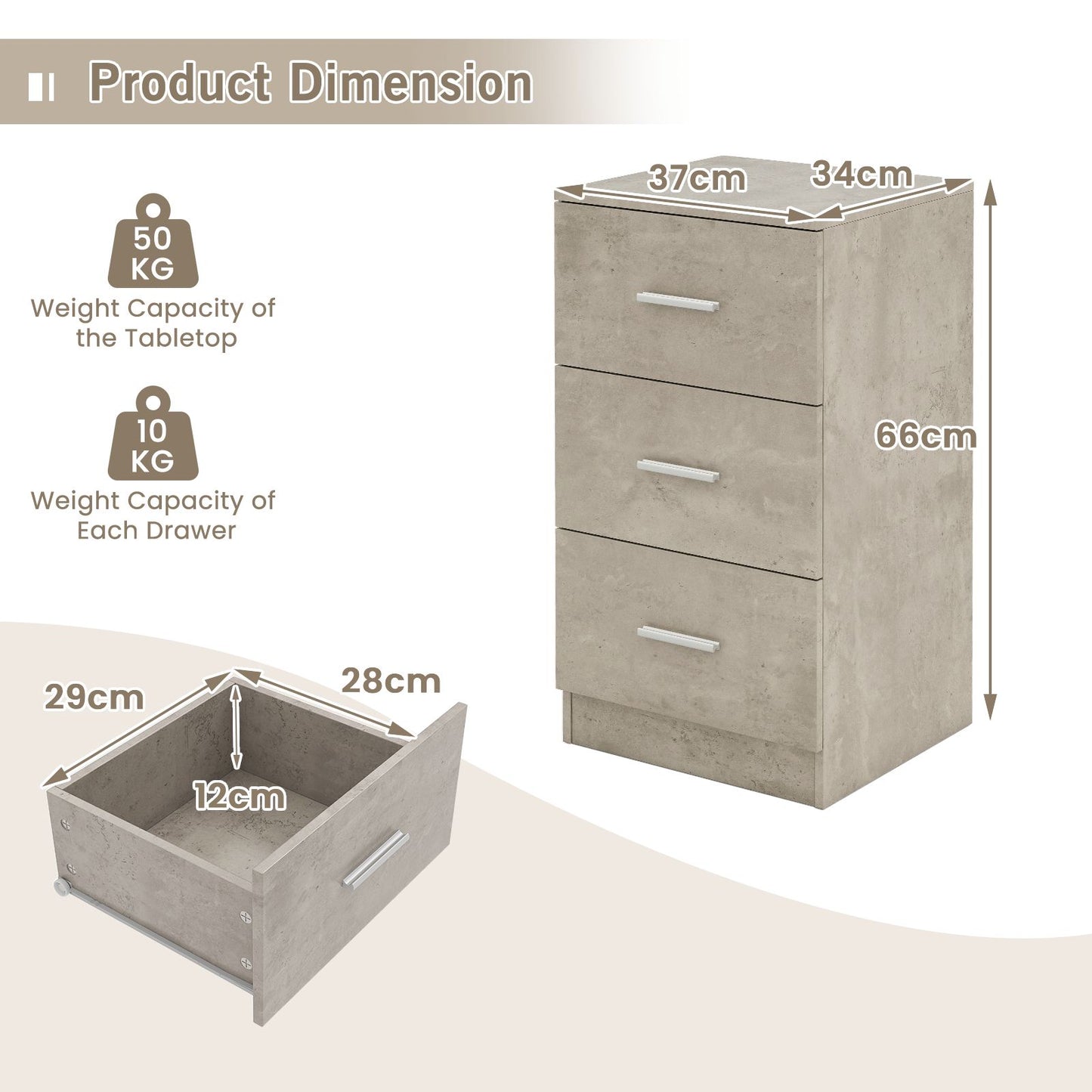 3-Drawer Wooden Dresser Cabinet with Anti-Toppling Device