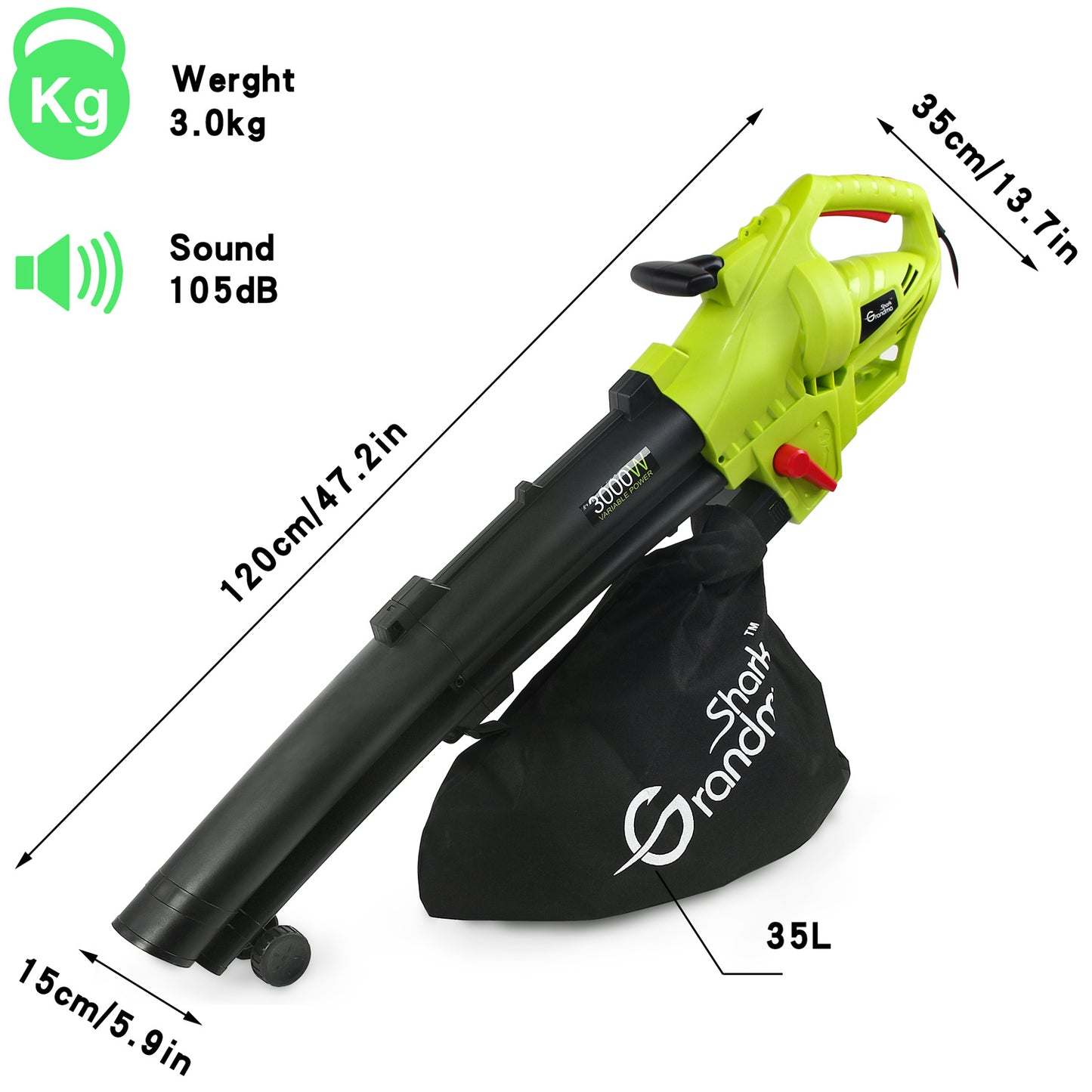 3000W 3 In 1 Leaf Blower, Garden Leaves Vacuum Cleaner