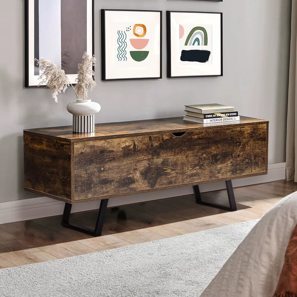 Industrial Wooden Flip Top Storage Bench for Storing Blankets, Pillows