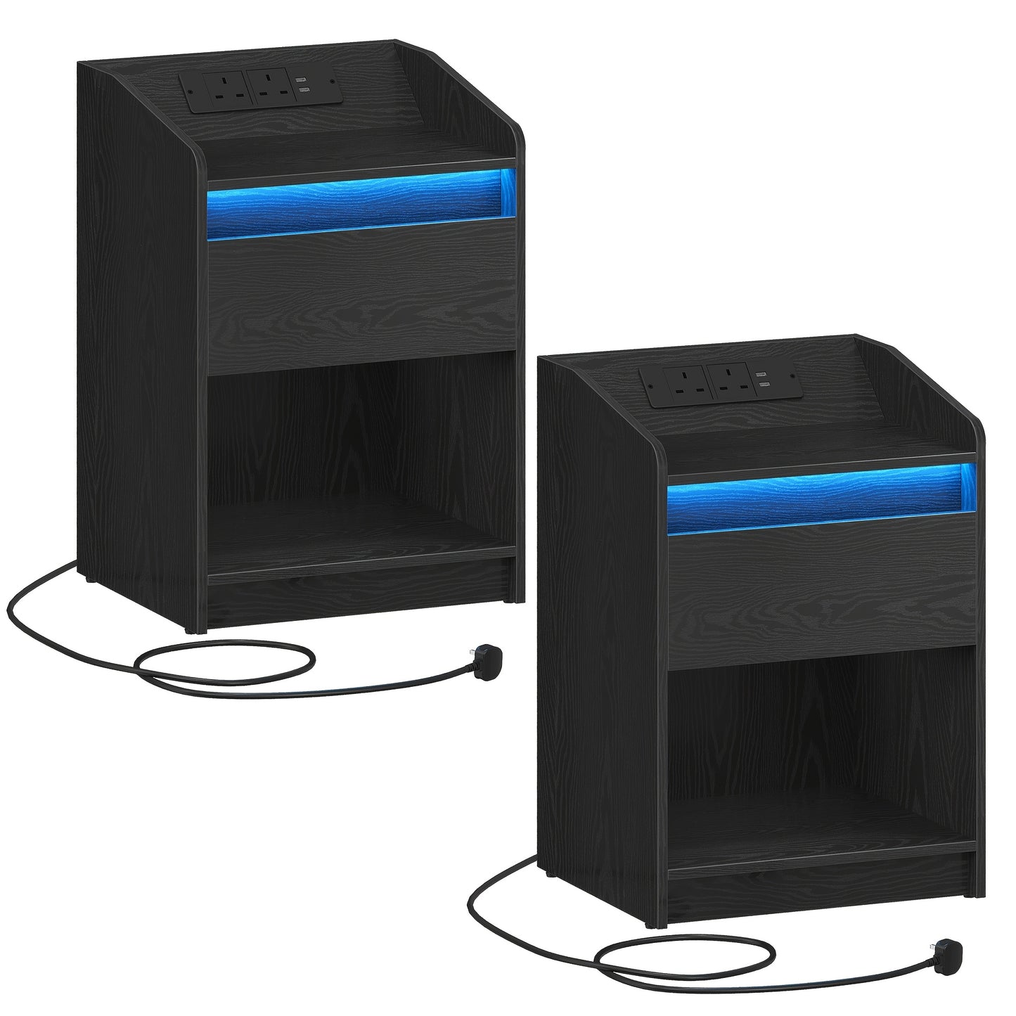 Bedside Table with LED Light - Side Table with Charging Station, 1 Storage Drawer Bedside Table
