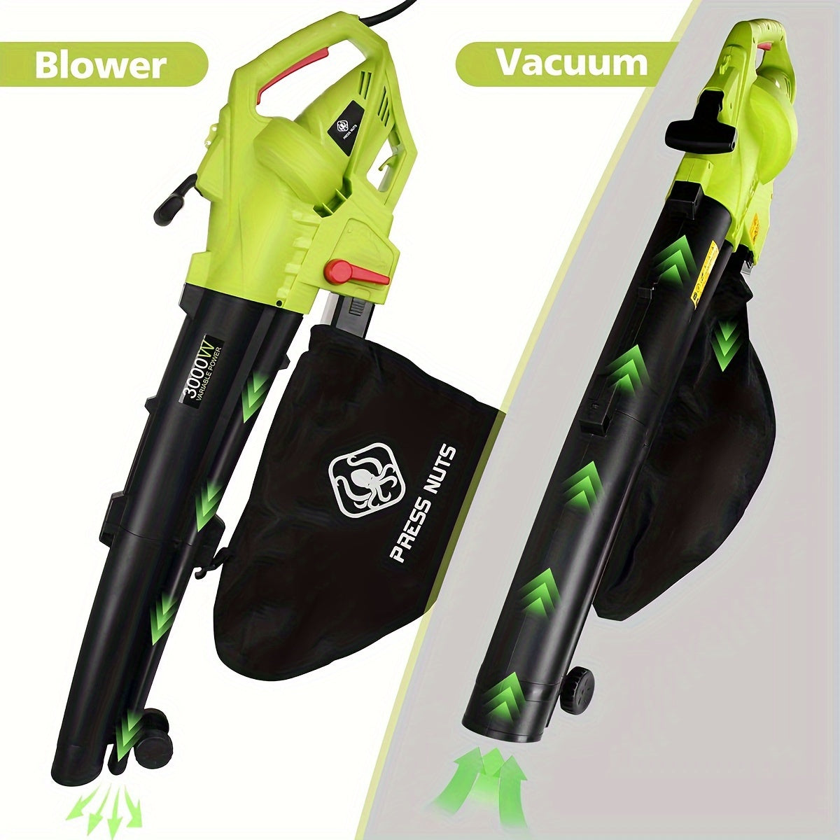 3000W 3-in-1 Leaf Blower & Vacuum Cleaner - Efficient Garden Leaf Collection with Large Storage Bag, Green