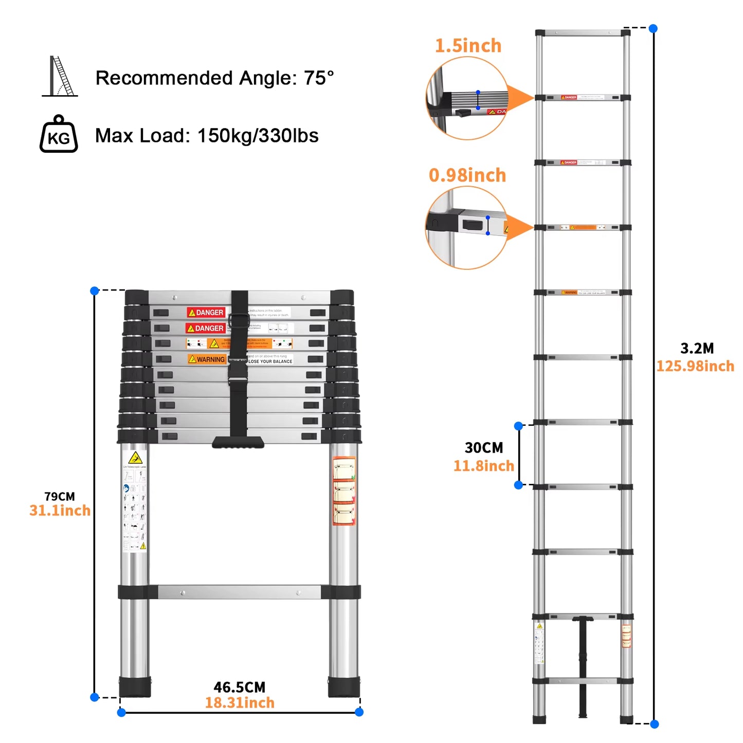 Telescopic Ladder Stainless Steel,Load 150Kg, Convenient Extendable ,For Pulling Walls, Changing Light Bulbs,Repairing Roofs,Rv
