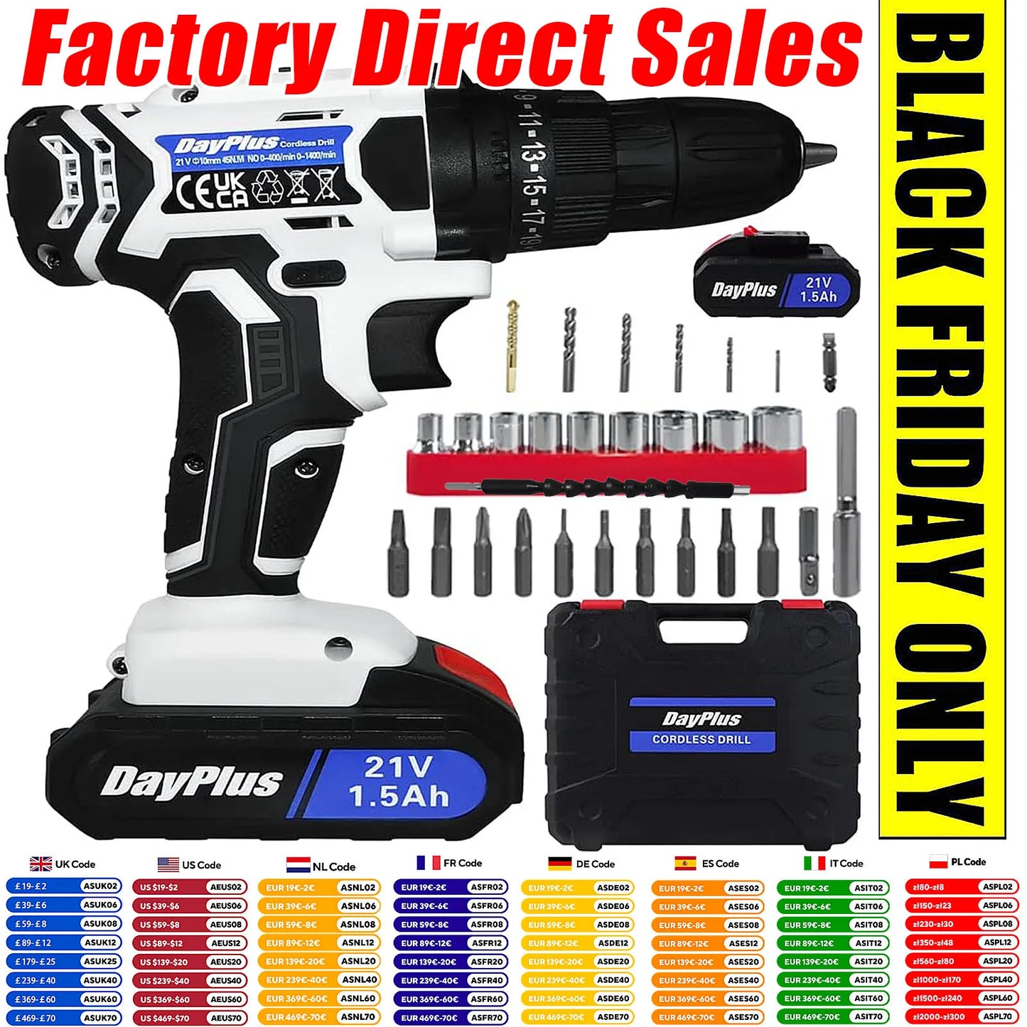 Cordless Drill Driver 21V, Power Tool Electric Screwdriver, 25+1 Torque, 2 Speed, LED Light, Combi Drill Kit for Home and Garden