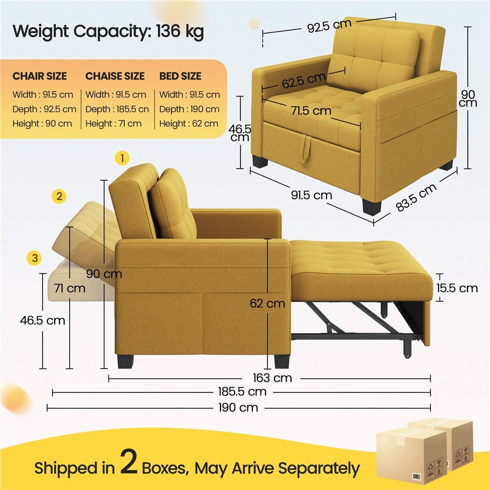 Convertible Sleeper Chair, 3-In-One Chair Bed with Adjustable Backrest and Pillow for Limited Space