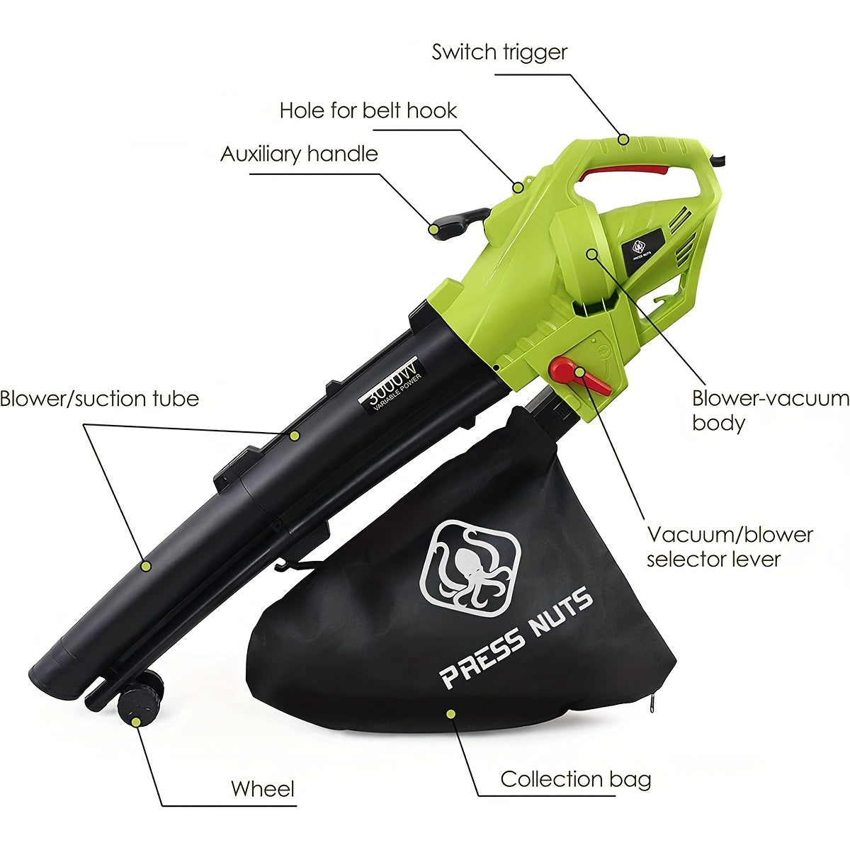 3000W 3-in-1 Leaf Blower & Vacuum Cleaner - Efficient Garden Leaf Collection with Large Storage Bag, Green