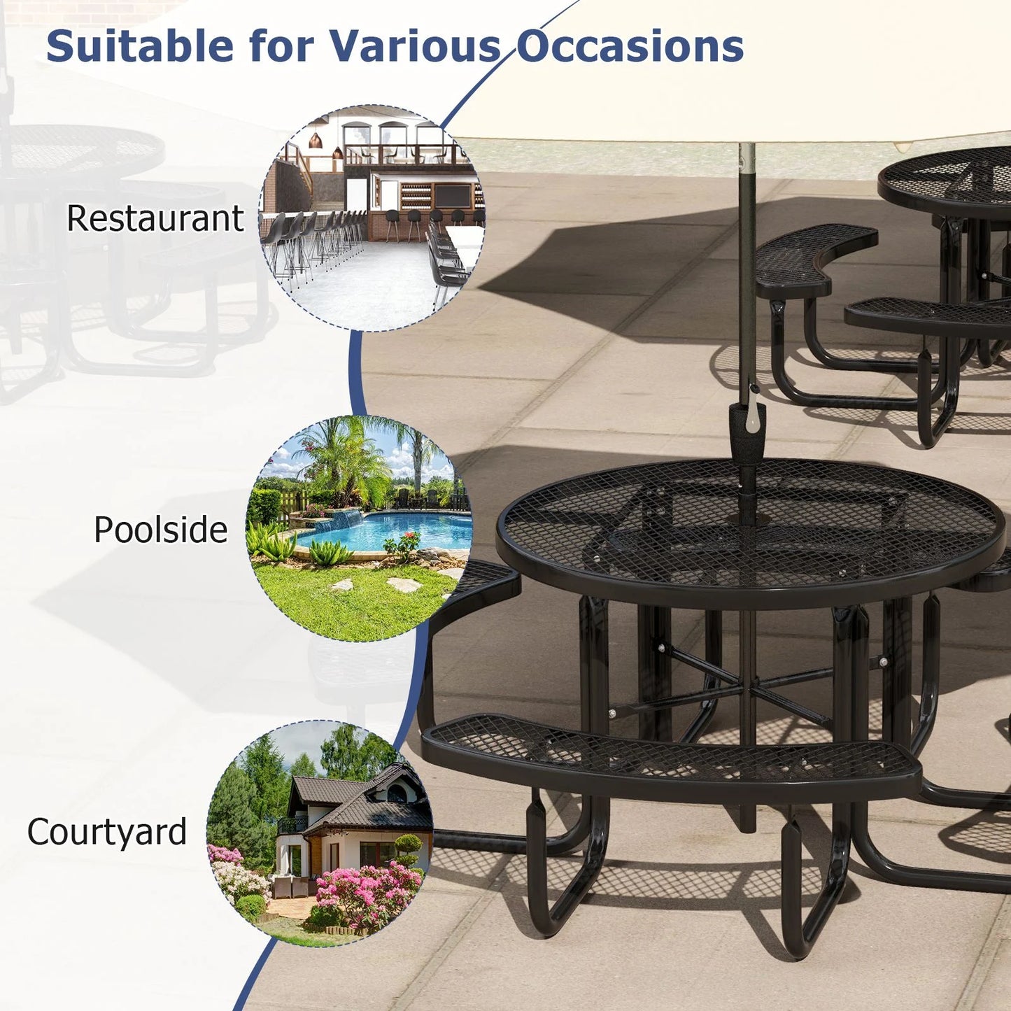 Outdoor round Picnic Table and Bench Set for 8 with Seats and Umbrella Hole