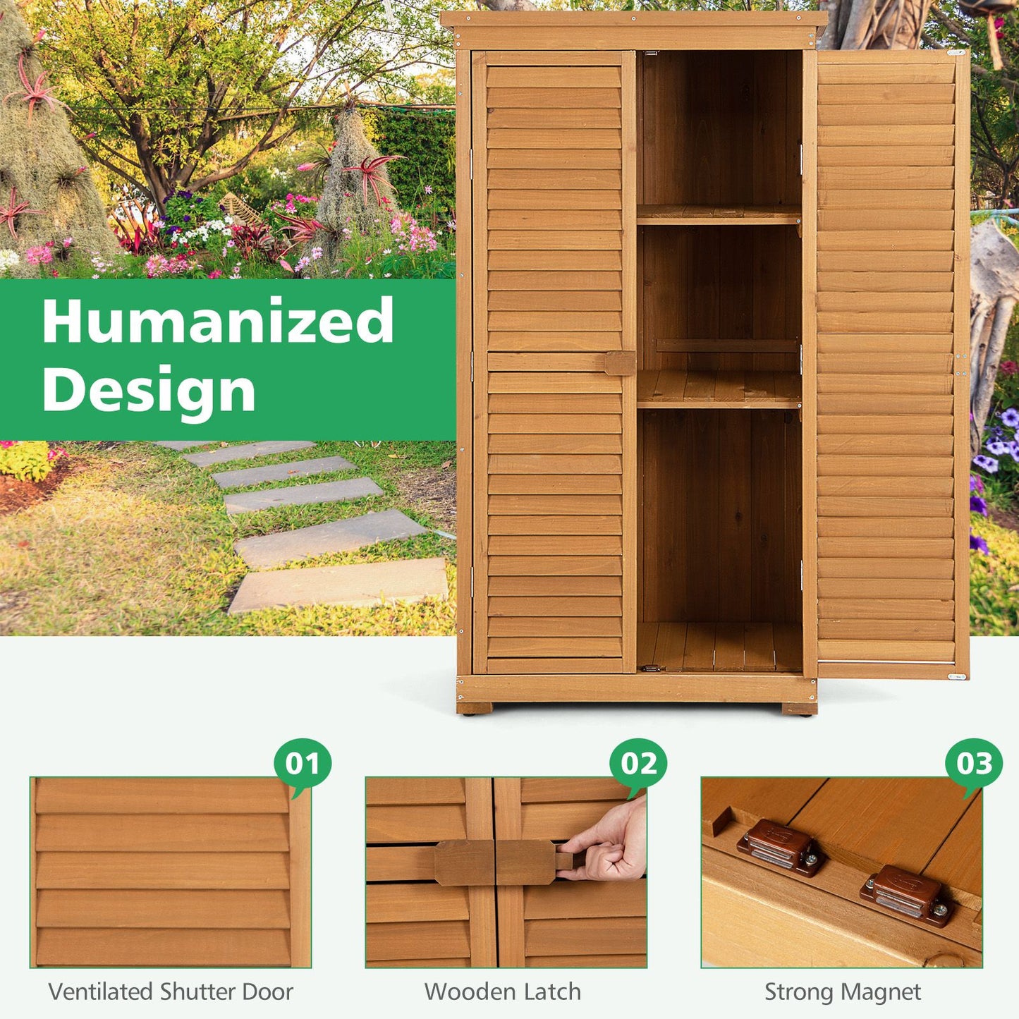 Outdoor Wooden Storage Shed with 3 Removable Shelves for Garden Deck