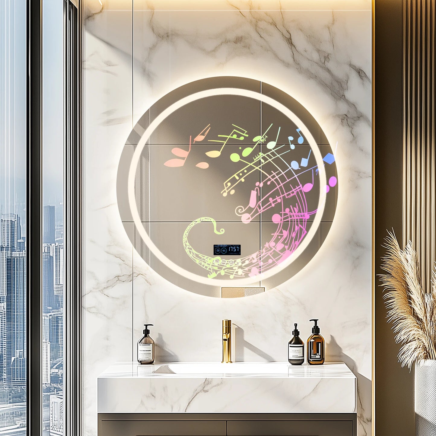 32" x 32" Wall-Mounted LED Bathroom Mirror with Dimmable 3-Color Lighting, Bluetooth Speaker, Anti-Fog Feature, and Memory Function